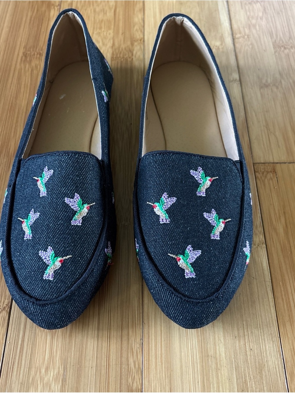 Embroidered Hummingbird Denim Loafers - Navy Size 7- NWOT